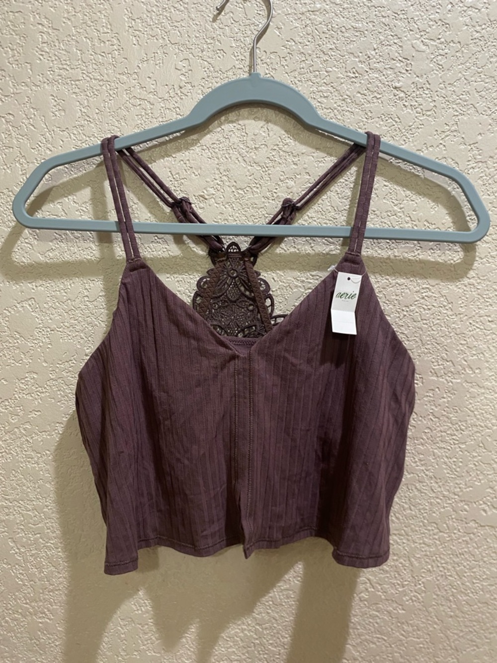 aerie Brown Ribbed Cropped Tank with Lace Detail